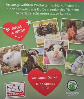 Poster in rot-grüner Farbstellung mit Text, Fotos diverser Tiere, dem Logo des Tierschutzvereins und dem Fressnapf-Logo.