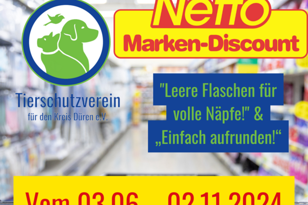 Eine Illustration in den Hauptfarben blau-gelb bestehend aus Text zum Thema sowie dem Netto- und Tierschutzvereins-Logo.