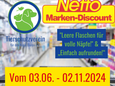 Eine Illustration in den Hauptfarben blau-gelb bestehend aus Text zum Thema sowie dem Netto- und Tierschutzvereins-Logo.