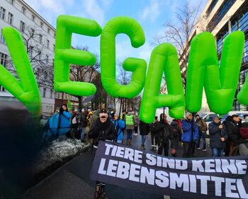 Eine Gruppe Menschen, großer grüner Schriftzug "Vegan" aus aufblasbaren Buchstaben.