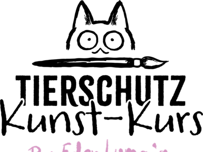Zeichnung eines Katzenkopfes, darunter quer ein Pinsel und pink-schwarzer Text.