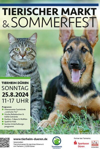 Plakat zum Sommerfest 2024 mit einem Foto eines Hundes und einer Katze und Text.