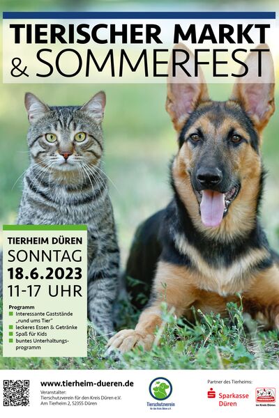 Das Plakat zum fest mit den Portraitfotos eines Hundes und einer Katze sowie Text.