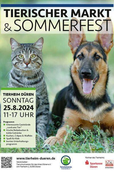 Flyer des Sommerfestes 2024 mit Text und dem Foto einer Katze und eines Schäferhundes.